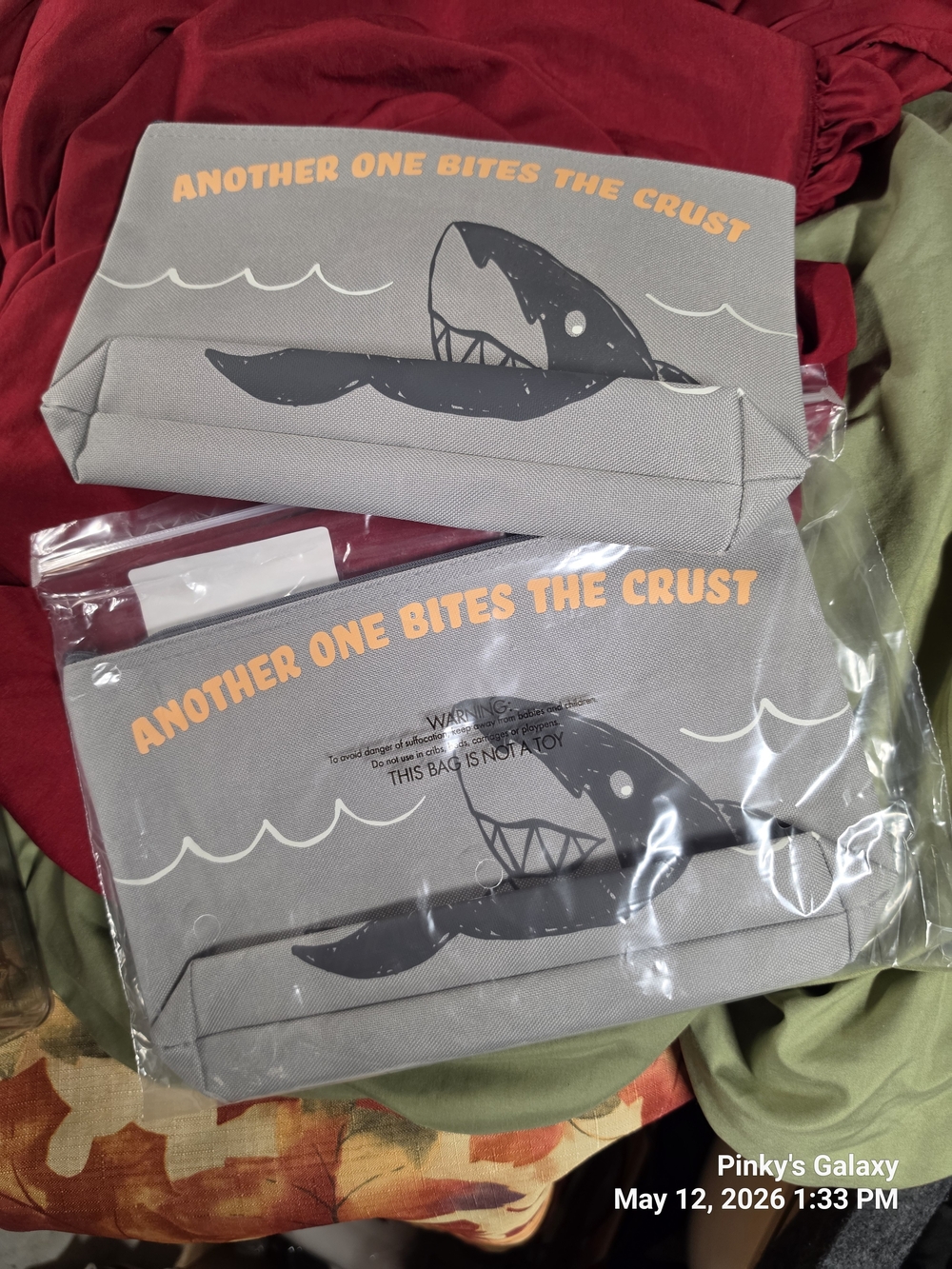Thirty One Gray Shark Canvas Pouch - "Another One Bites The Crust" Set Of 2